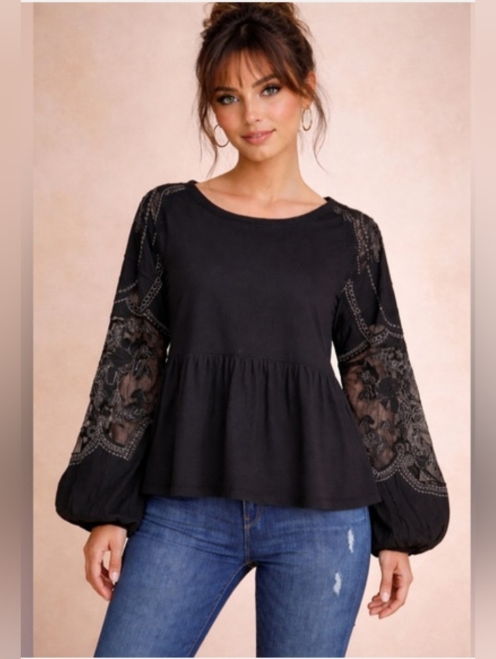 FREE PEOPLE XS Penny Embroidered Peplum Top Black Cotton Knit